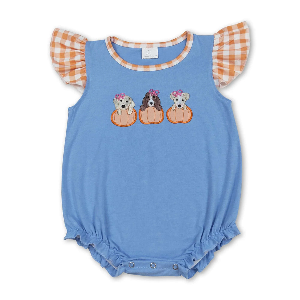 RTS NO MOQ Sibling milk silk Embroidery Pumpkins Baby Girls Flutter Sleeves Fall Rompers