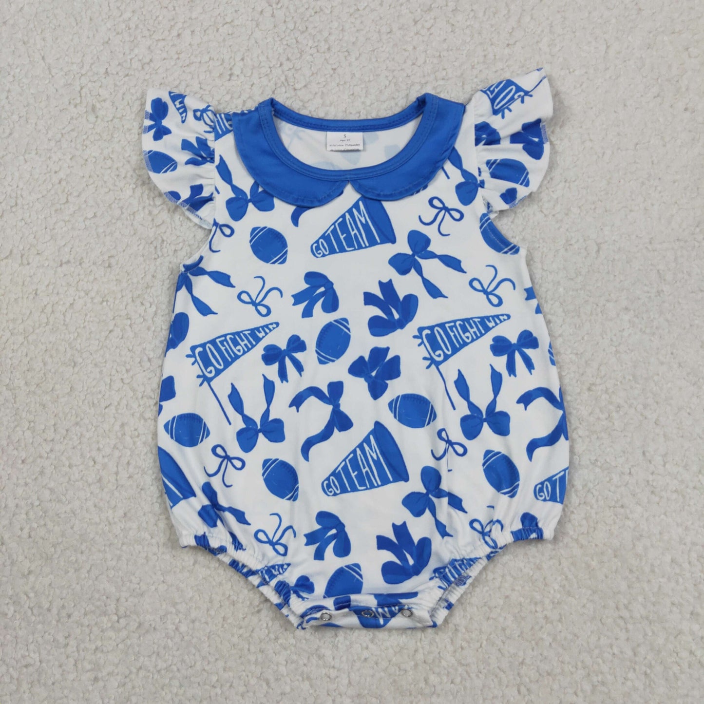 RTS NO MOQ milk silk SR3192 Baby Girls Cute Blue Cheer Team Flutter Sleeve Ruffle Rompers