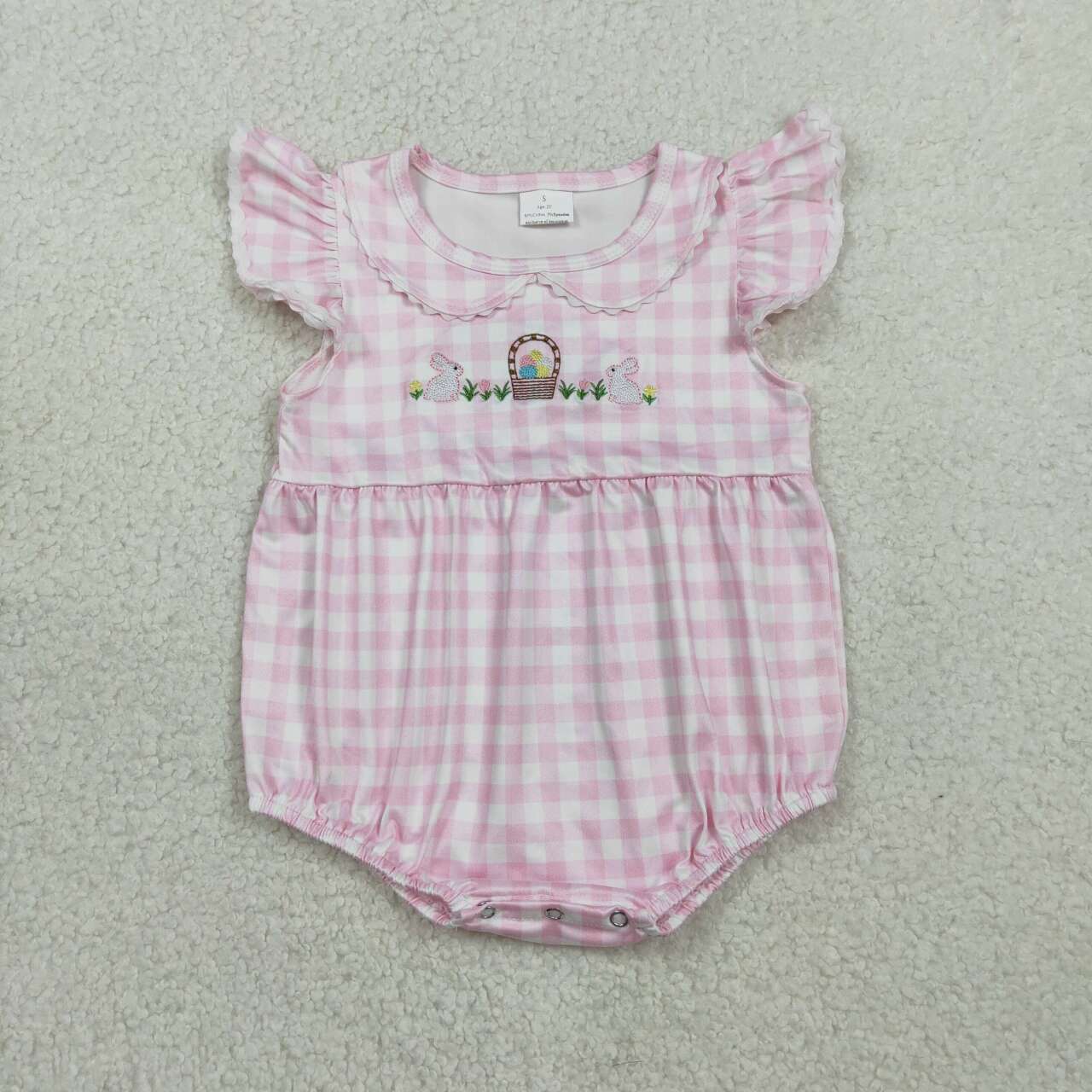 RTS NO MOQ SR3314 Pink Checked Easter Ruffle Rompers for Baby Girls Embroidery Rabbits And Eggs Cute And Fashionable Baby Clothing