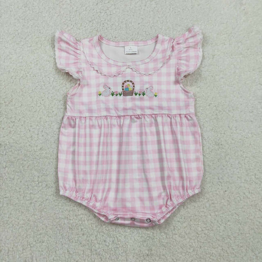 RTS NO MOQ SR3314 Pink Checked Easter Ruffle Rompers for Baby Girls Embroidery Rabbits And Eggs Cute And Fashionable Baby Clothing