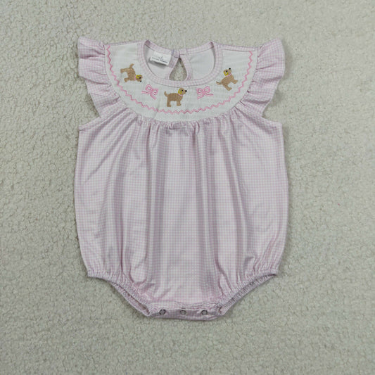 RTS NO MOQ milk silk SR3316 Smocked Toddler Girls Cute Dog Bow Summer Rompers