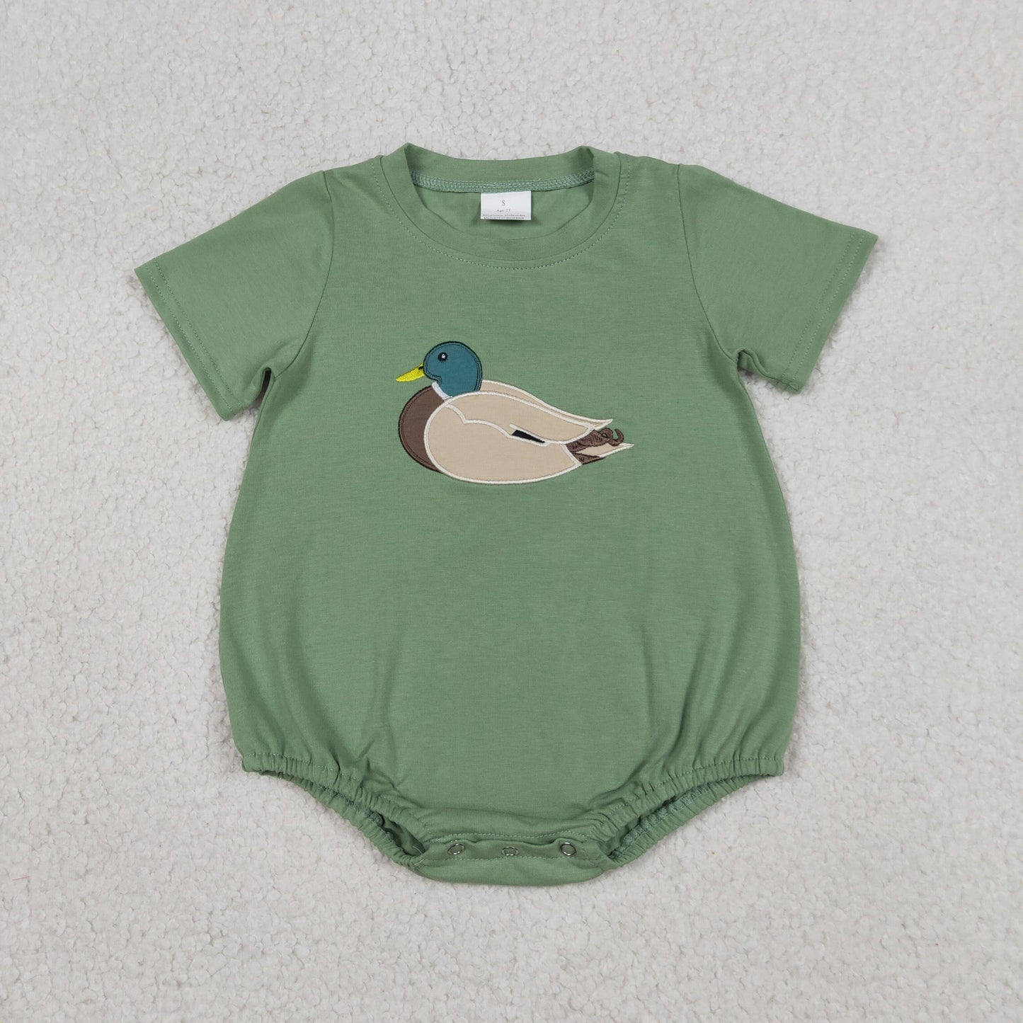 RTS NO MOQ SR3444 Baby Boys Green Short Sleeve Hunting Rompers Embroidery Ducks