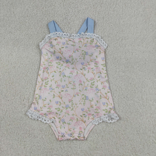RTS NO MOQ SR3461 Baby Girls Plaid Flowers  Strap Ruffle Back Bow Rompers
