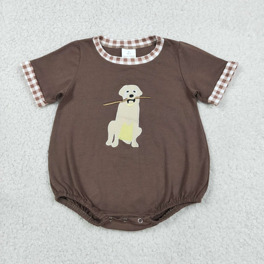 RTS NO MOQ milk silk SR3470 Baby Boys Embroidery Dogs Leaves Brown Short Sleeve Hunting Rompers