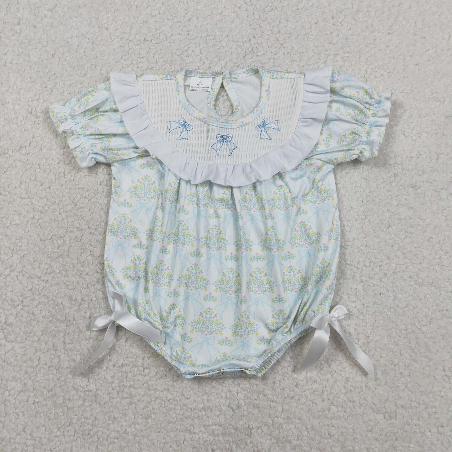 RTS NO MOQ SR3487 Baby Girls Checked Rompers with Smocked Bows And Ruffles Floral Print Casual Jumpsuits for Infants