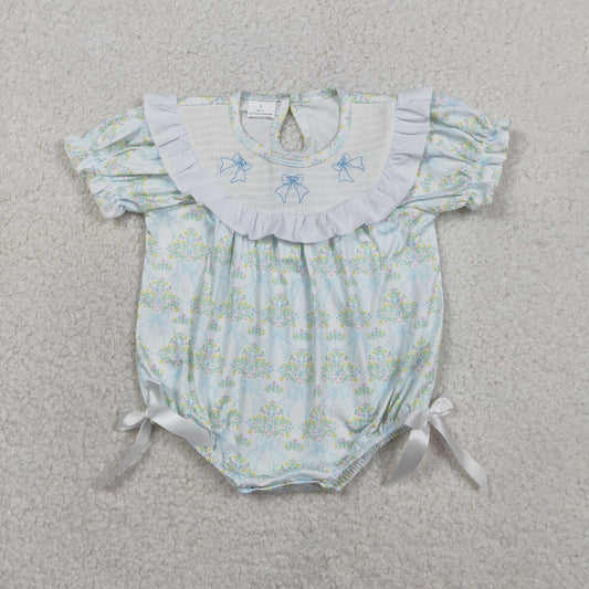 RTS NO MOQ SR3487 Baby Girls Checked Rompers with Smocked Bows And Ruffles Floral Print Casual Jumpsuits for Infants