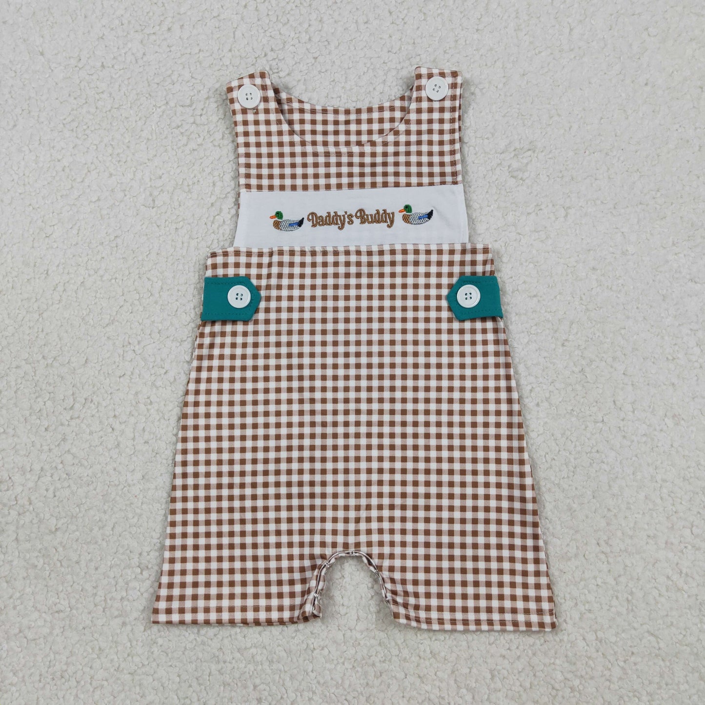 RTS NO MOQ SR3508 Baby Boys Khaki Checked Embroidery Ducks Daddy Buddy Rompers