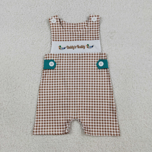 RTS NO MOQ SR3508 Baby Boys Khaki Checked Embroidery Ducks Daddy Buddy Rompers