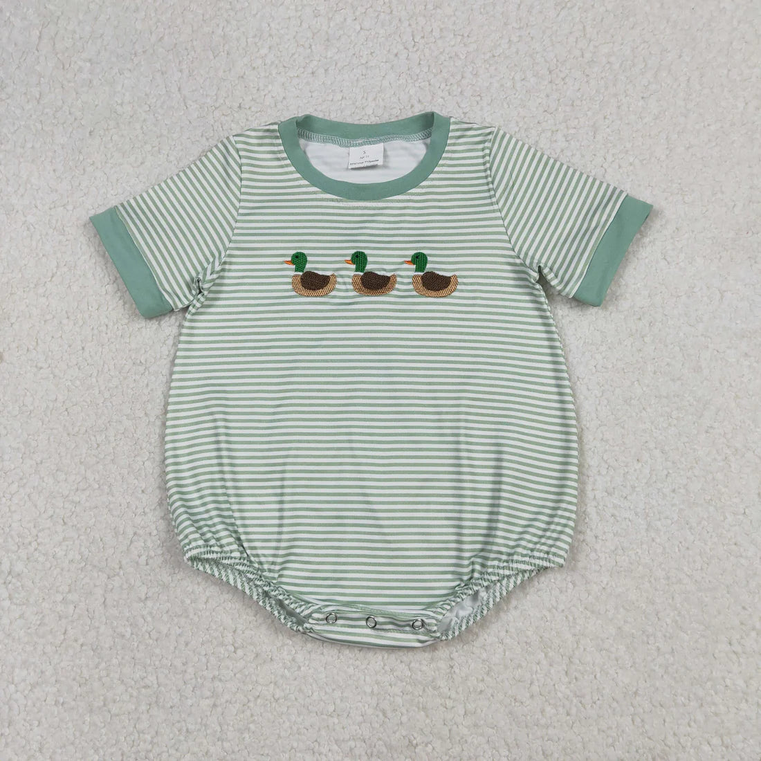 Best Sell RTS Baby Boys Green Stripe Short Sleeve Hunting Rompers Embroidery Ducks Clothing for Infants
