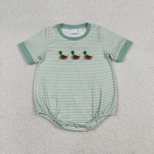 Best Sell RTS Baby Boys Green Stripe Short Sleeve Hunting Rompers Embroidery Ducks Clothing for Infants