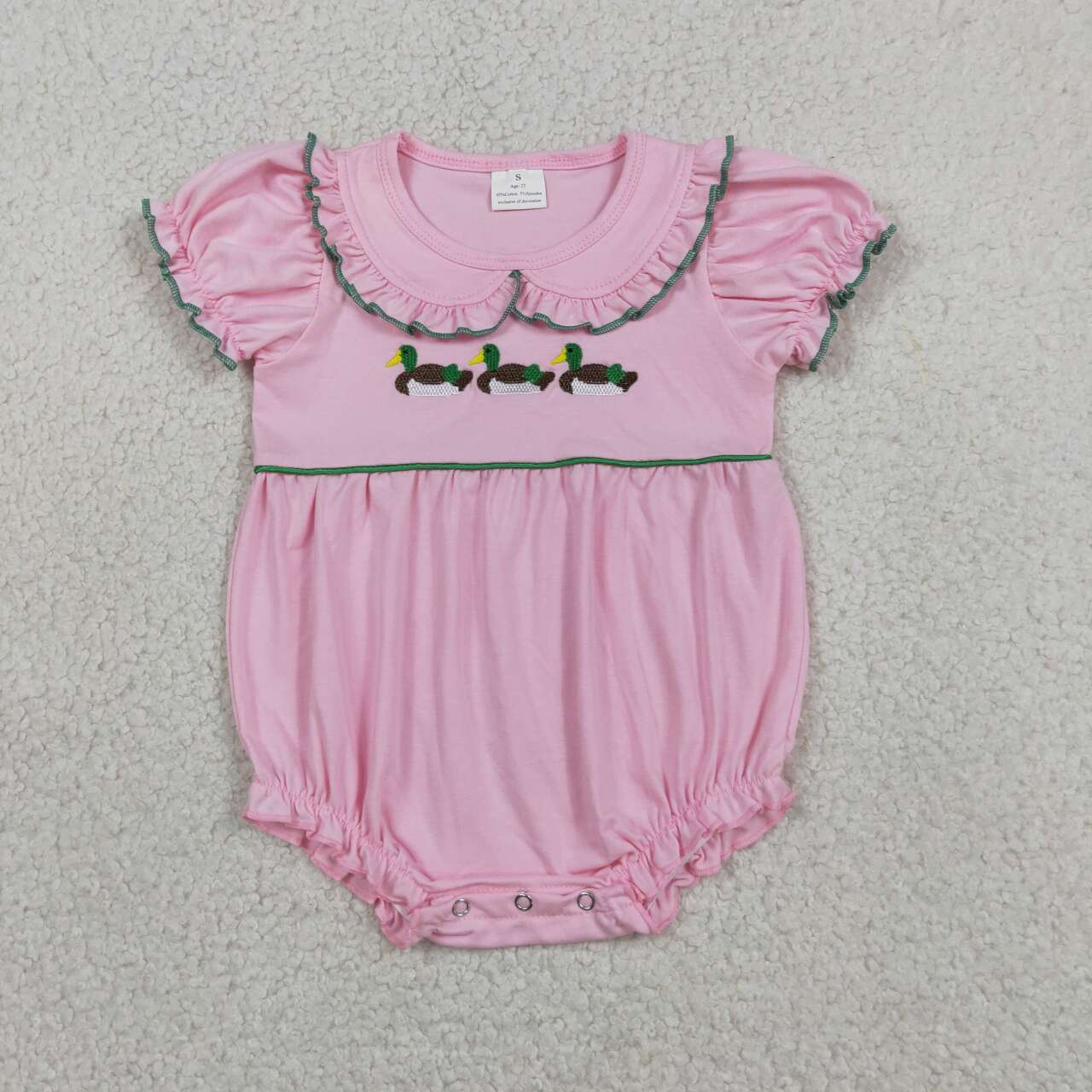 RTS NO MOQ milk silk SR3532 Baby Girls Pink Collar Duck Embroidered Hunting Style Rompers