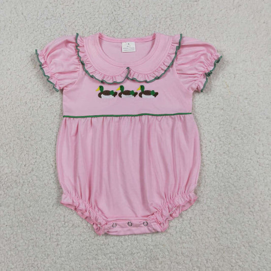 RTS NO MOQ milk silk SR3532 Baby Girls Pink Collar Duck Embroidered Hunting Style Rompers