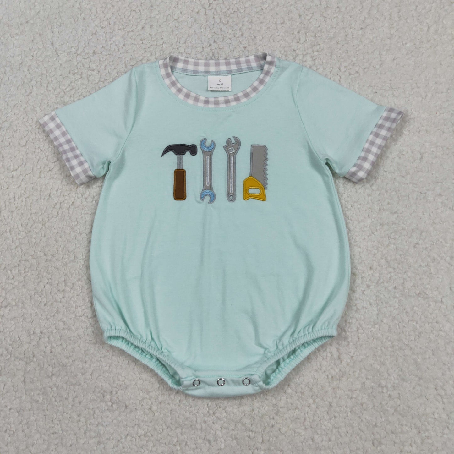 RTS NO MOQ Sibling Baby Boys Embroidery Tools Short Sleeve  Top Checked Pockets Shorts Set  Short Sleeve Rompers