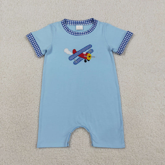 RTS NO MOQ SR3543 Baby Boys Embroidery Blue Short Sleeve Rompers
