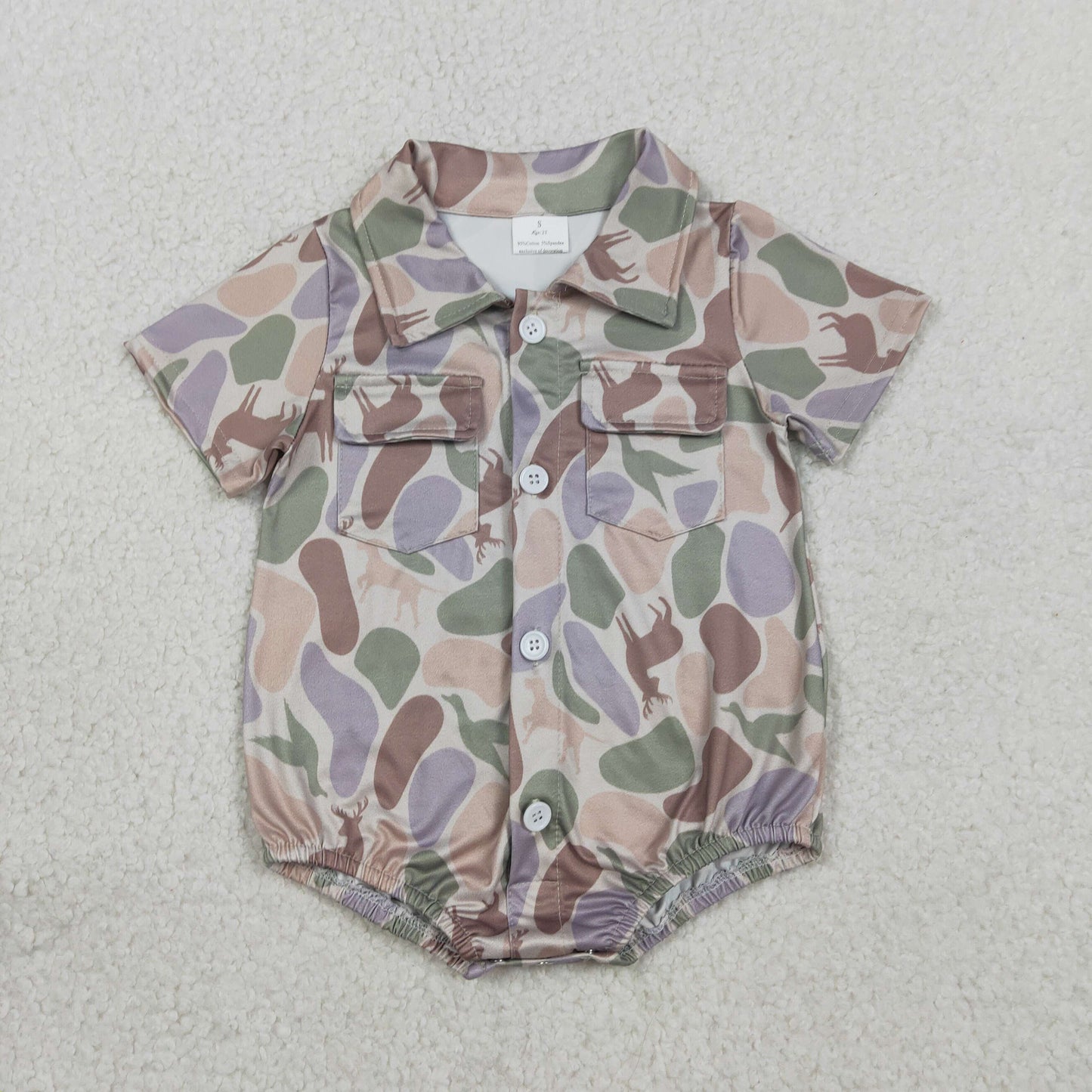 RTS NO MOQ SR3544 Baby Boys Camouflage Hunting Rompers with Pockets Button Detailing Ducks Dogs Deer Print