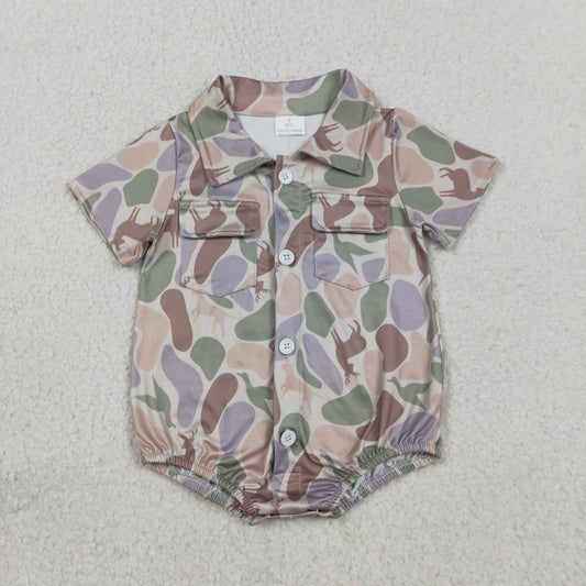 RTS NO MOQ SR3544 Baby Boys Camouflage Hunting Rompers with Pockets Button Detailing Ducks Dogs Deer Print