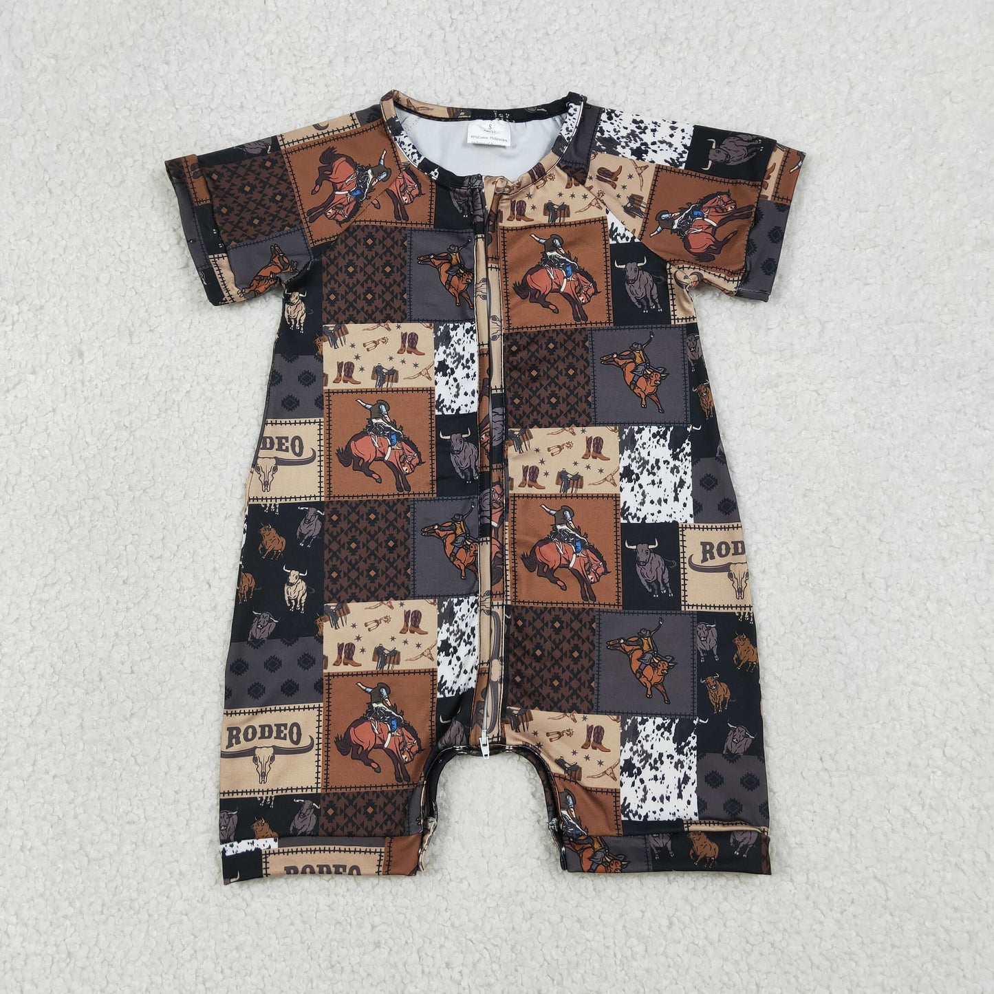 RTS NO MOQ Sibling Baby Boys Rodeo Zip Romper Short Sleeve Cowboy Western Boot Horses Button Rompers