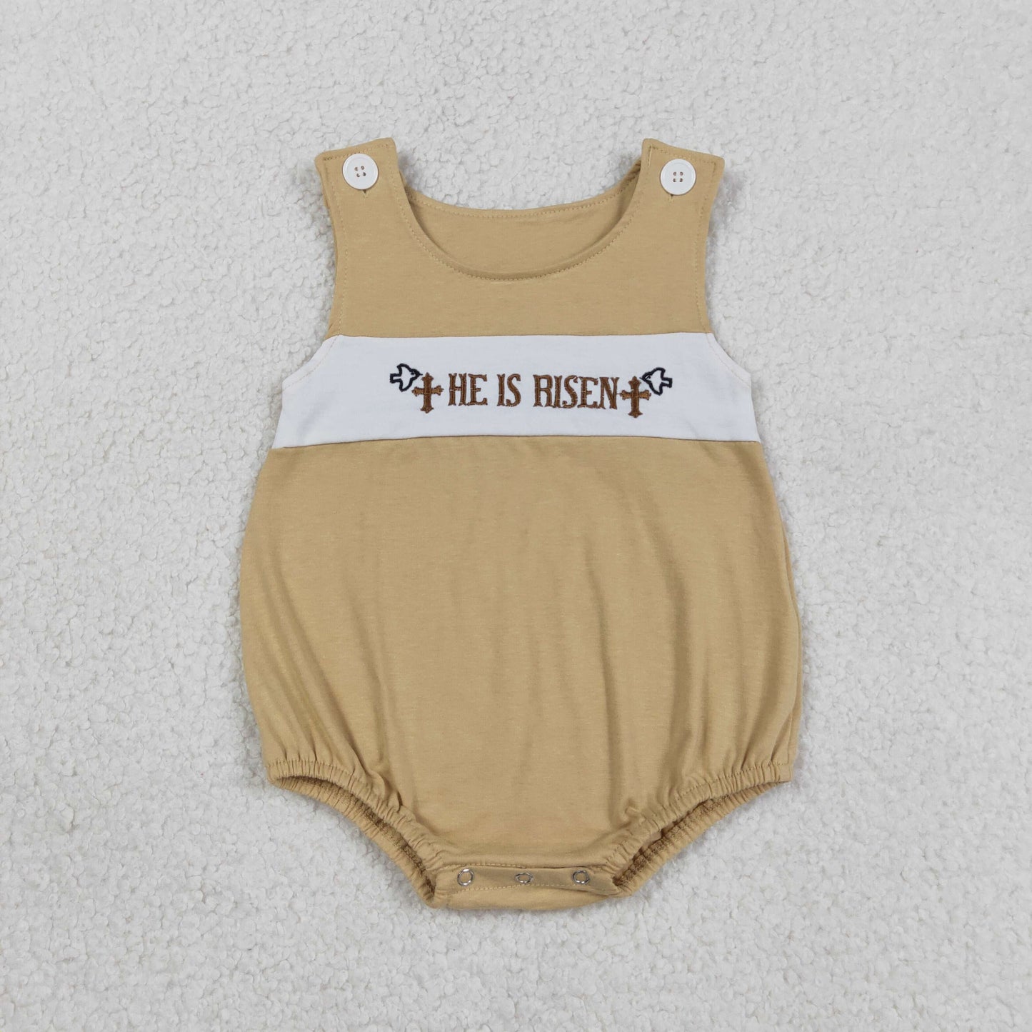 RTS NO MOQ Sibling Embroidery 'He Is Risen' Baby Boys Easter Outfit Set Sleeveless Rompers Top Shorts Knee-Length Dresses