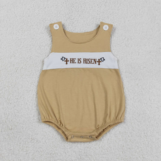 RTS NO MOQ SR3547 Embroidery 'He Is Risen' Crosses Baby Boys Sleeveless Rompers