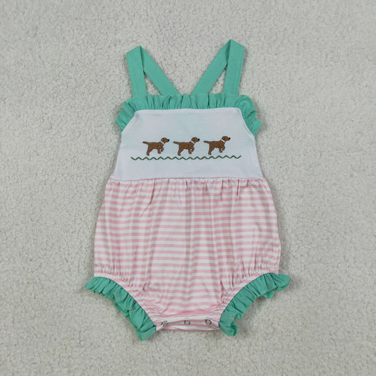 RTS NO MOQ SR3558 Baby Girls Pink Stripe Hunting Rompers with Embroidery Dogs Strap Cute Baby Rompers