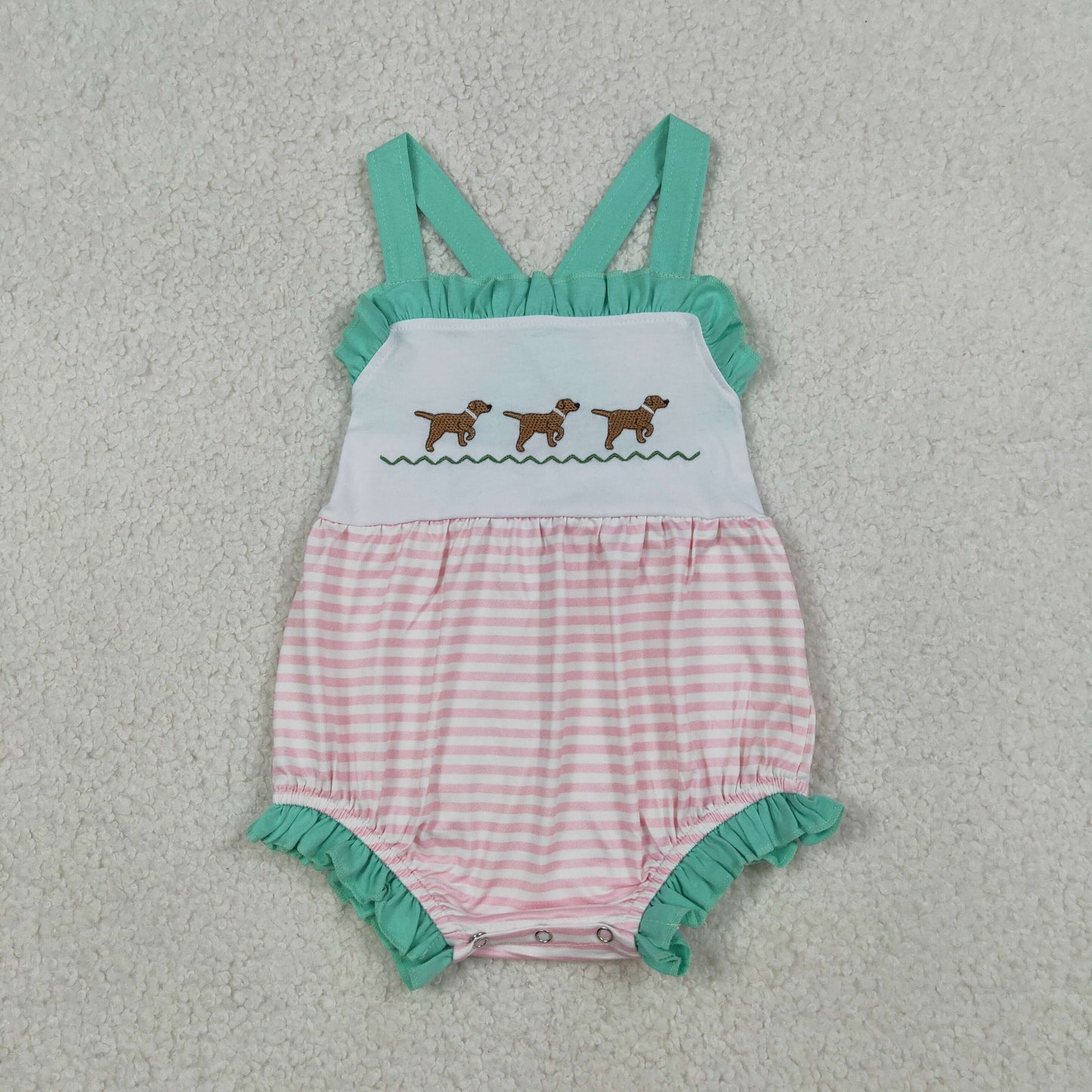 RTS NO MOQ Sibling Baby Boys Girls Embroidery Dogs Top Stripe Pockets Shorts Sets Rompers Cute Clothing for Infants