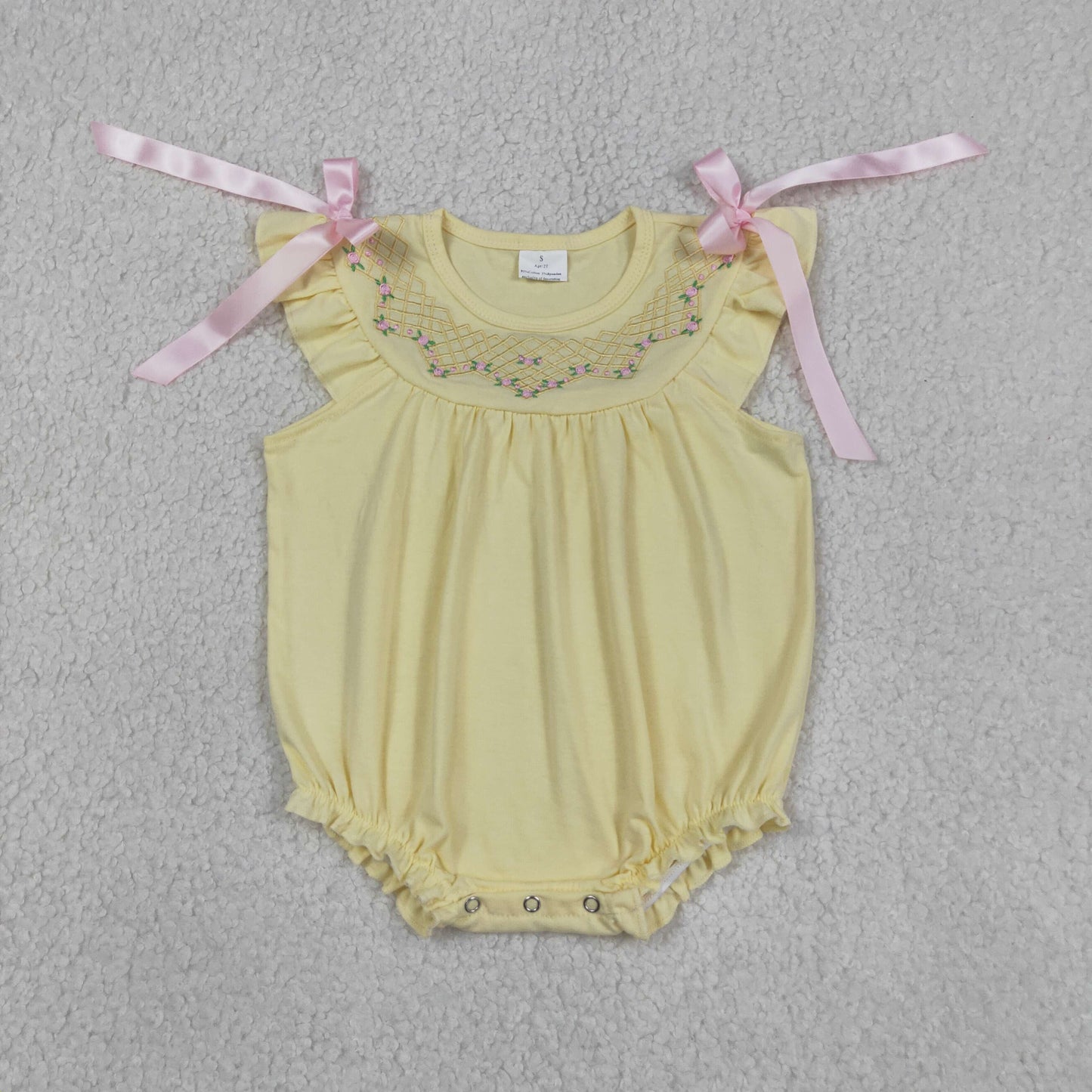 RTS NO MOQ SR3561 Embroidery Flowers Checked Baby Girls Bows Flutter Sleeve Ruffle Rompers