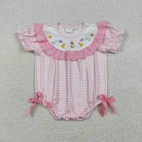 RTS NO MOQ Sibling Baby Boys Girls Checked Easter Rompers Rabbit Chicks Print