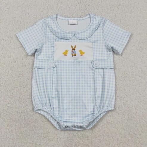 RTS NO MOQ Sibling Baby Boys Girls Checked Easter Rompers Rabbit Chicks Print