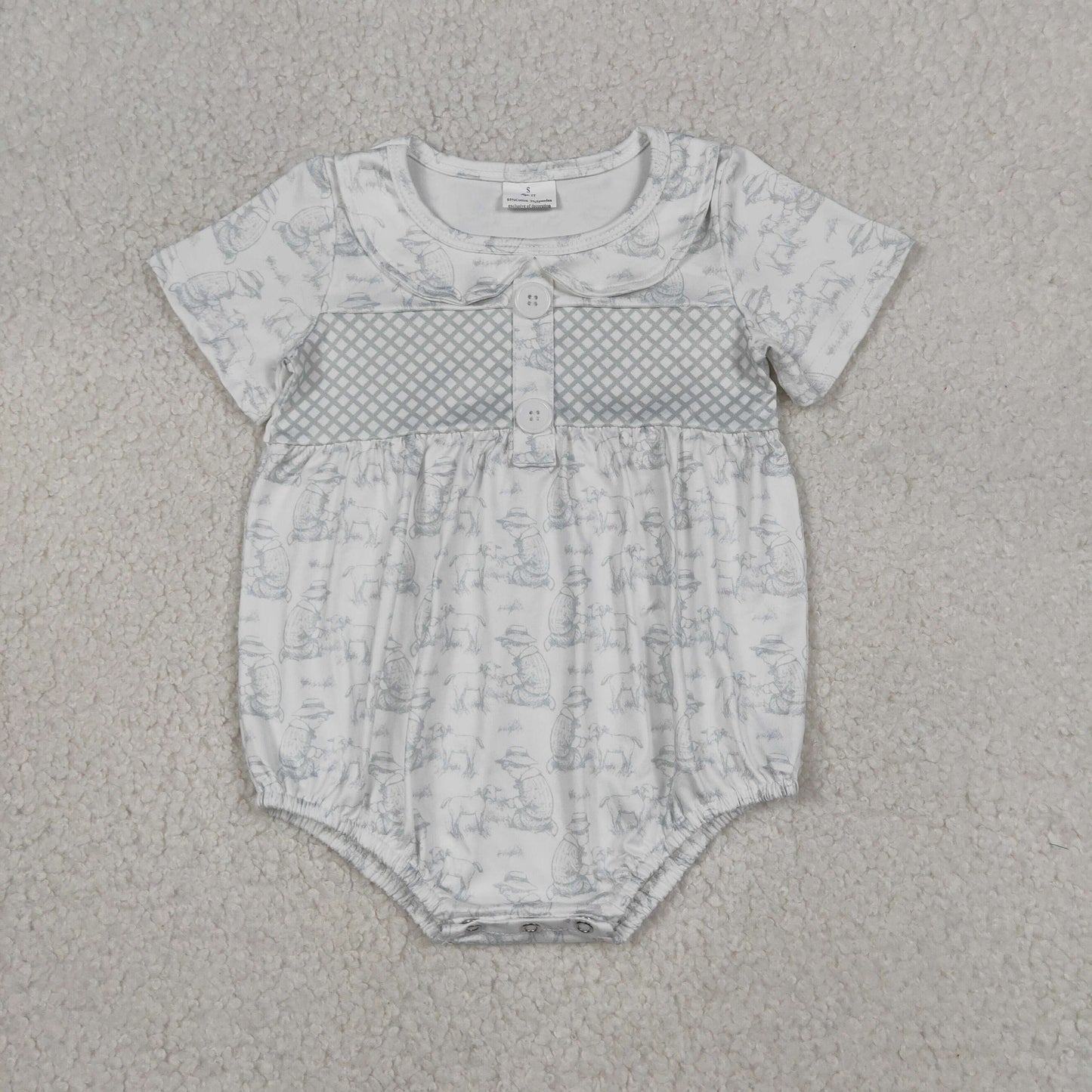 RTS NO MOQ SR3569 Baby Kids Farm Sheep Short Sleeve Rompers with Button Collar Cute Animal Print