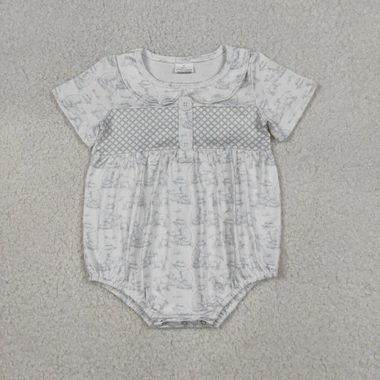 RTS NO MOQ SR3569 Baby Kids Farm Sheep Short Sleeve Rompers with Button Collar Cute Animal Print