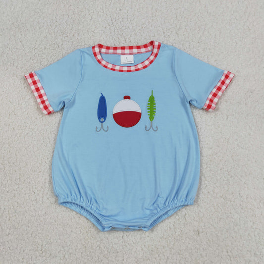RTS NO MOQ SR3577 Embroidery Fishing Baby Boys Blue Rompers Short Sleeve Hunting Outfit Cute Toddler Clothing