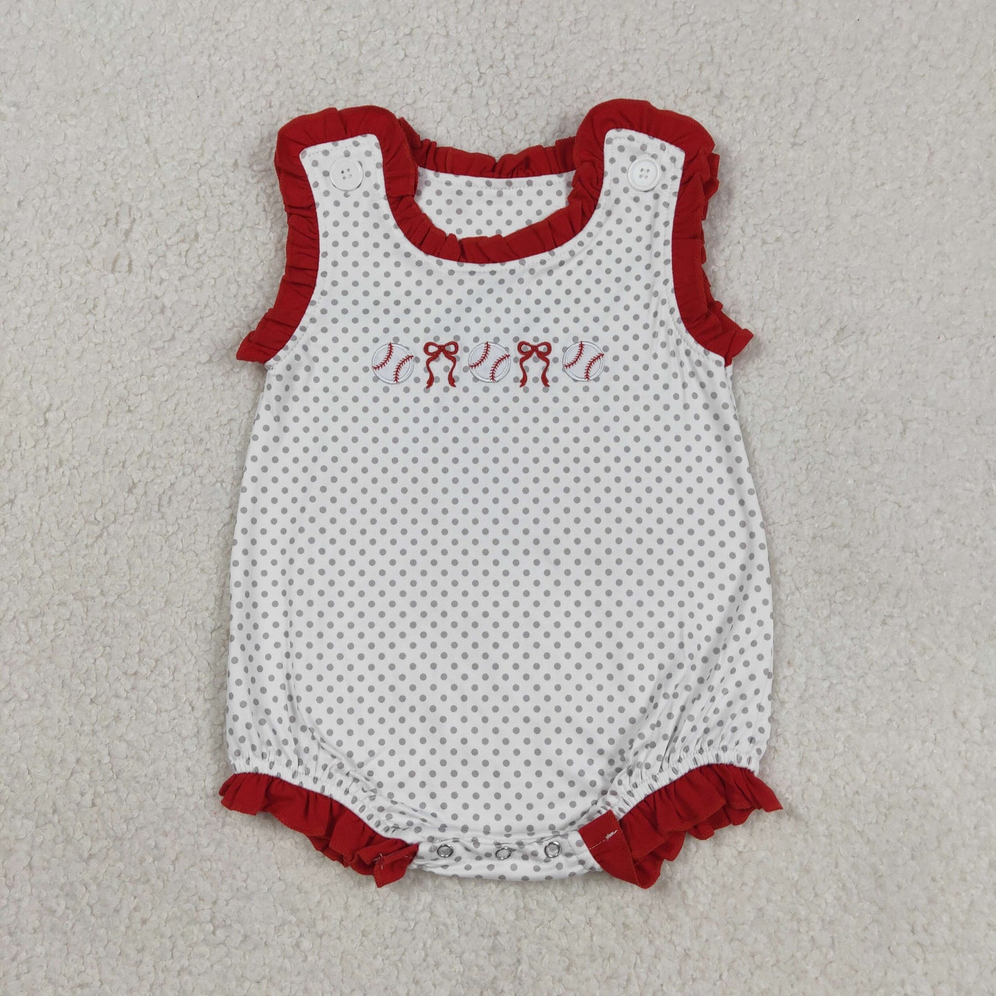 RTS NO MOQ SR3581 Baby Girls Polka Dots Team Ruffle Rompers with Embroidery Bows And Baseballs