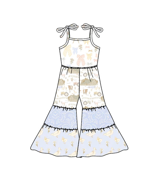 (Pre Order) No moq SR3586 Baby Girls Farm Animal Print Strap Spliced Flare Leg Rompers