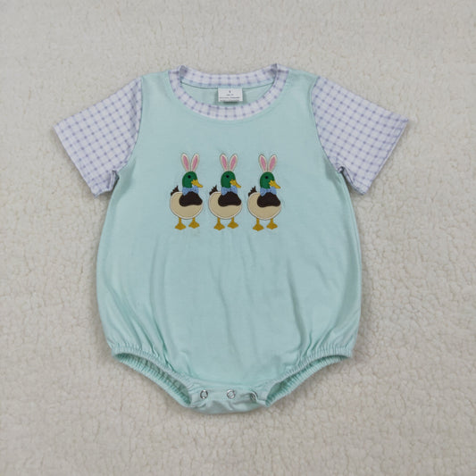 RTS NO MOQ SR3630 Baby Boys Easter Hunting Rompers Short Sleeve Embroidery Bunny Ducks Outfit for Spring