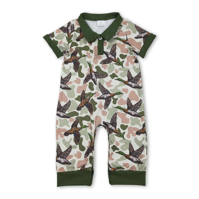 RTS NO MOQ Sibling milk silk Baby Boys Camo Button Hunting Casual Rompers