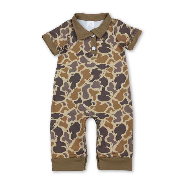 RTS NO MOQ Sibling milk silk Baby Boys Camo Button Hunting Casual Rompers