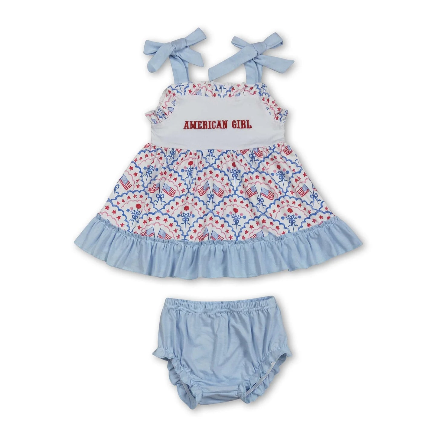 RTS NO MOQ Sibling milk silk Baby Girl 4th of July Embroidery Flag Strap Bow Ruffle Knee Length Dress Rompers
