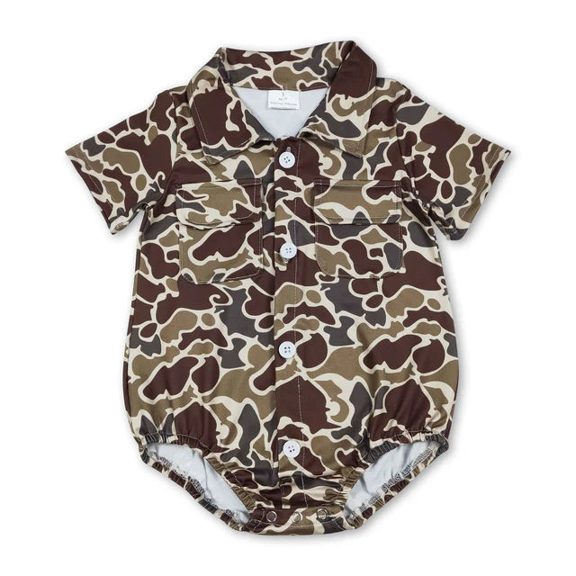 RTS NO MOQ Sibling milk silk Baby Boys Camo Print Button Pocket Rompers