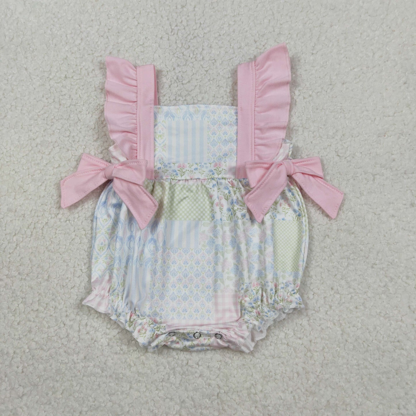 RTS NO MOQ SR3675 Baby Girls Pink Checked Rompers with Flutter Sleeves Bows And Ruffles for Infants