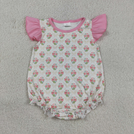 RTS NO MOQ SR3677 Baby Girls Pink Checked Rompers with Flutter Sleeve Flowers Ruffle for Infants