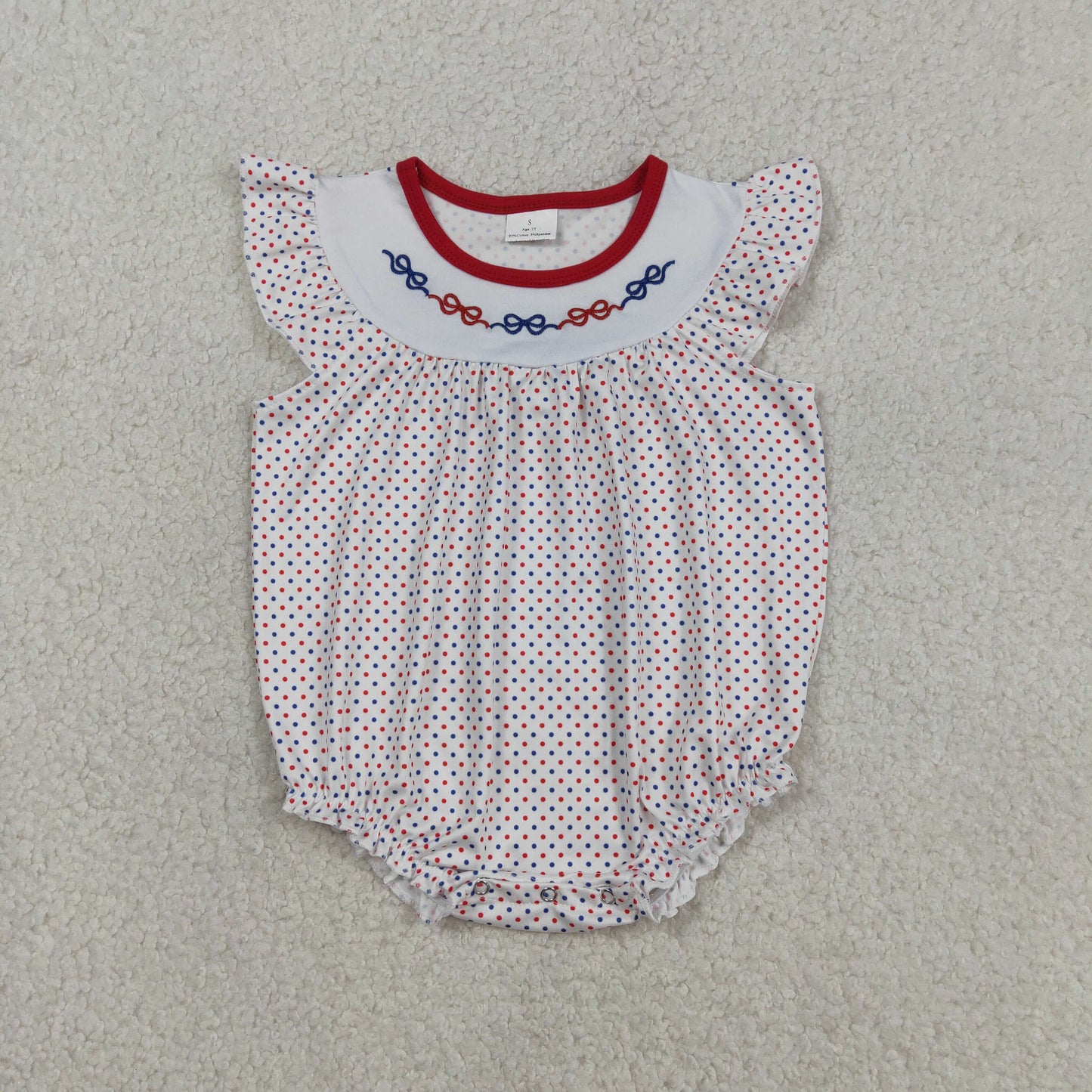 RTS NO MOQ SR3706 Girls Embroidery Bows Rompers with Flutter Sleeves Blue Red Polka Dot Print RuffleBaby Girl's Outfit