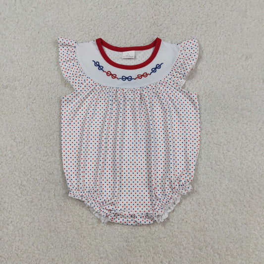 RTS NO MOQ SR3706 Girls Embroidery Bows Rompers with Flutter Sleeves Blue Red Polka Dot Print RuffleBaby Girl's Outfit