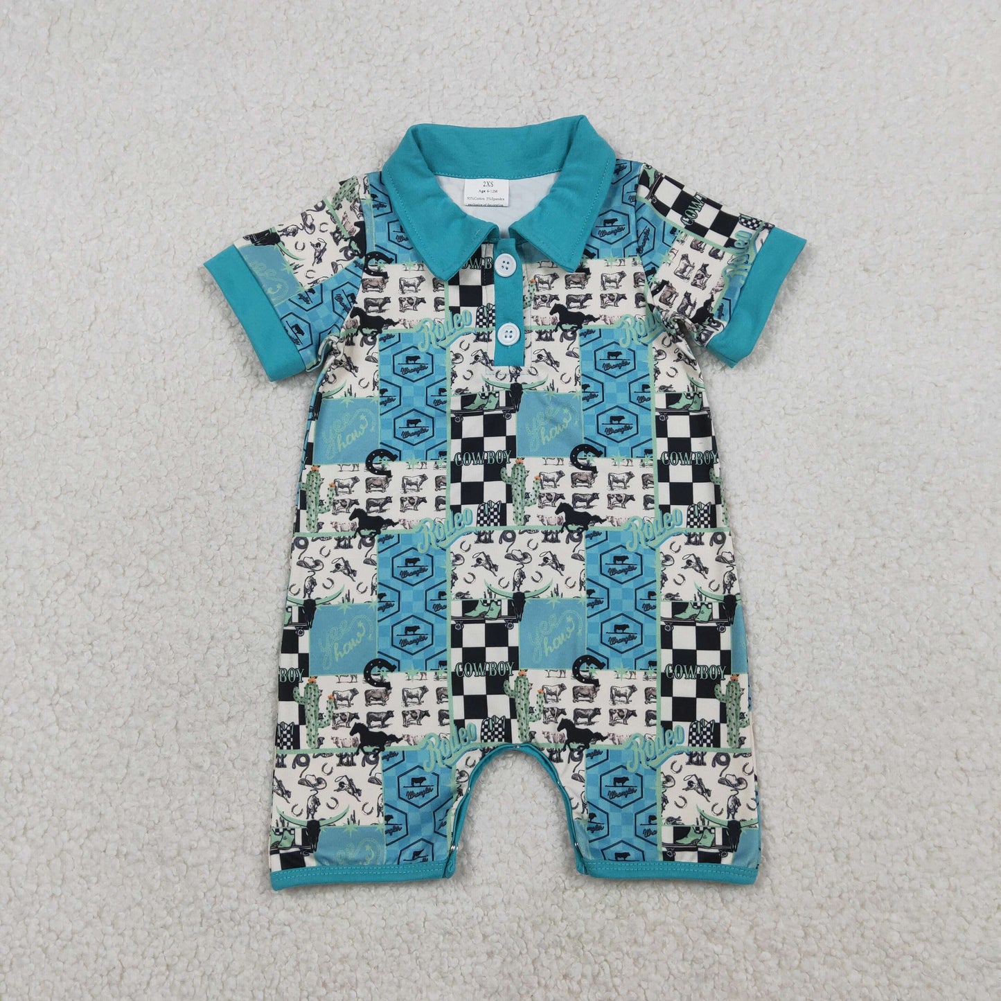 RTS NO MOQ Sibling Baby Boys Rodeo Zip Romper Short Sleeve Cowboy Western Boot Horses Button Rompers