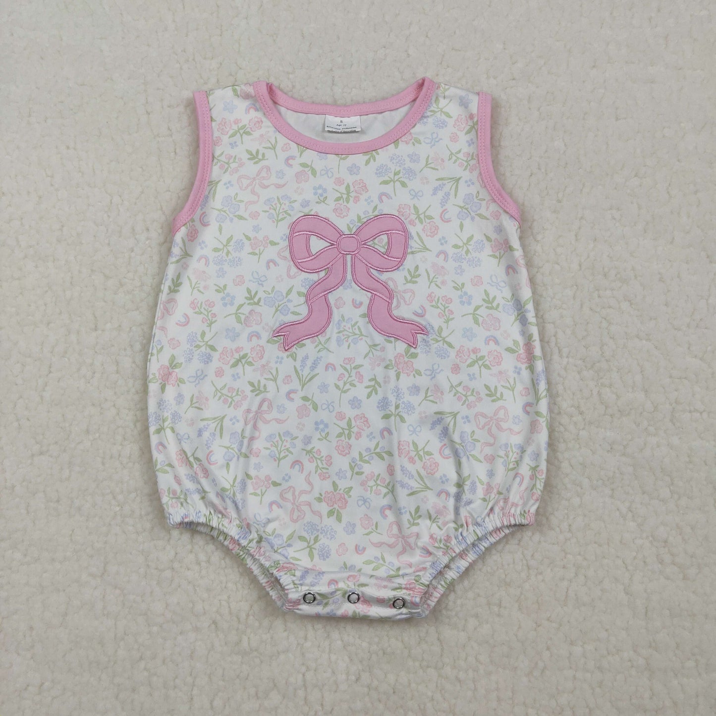 RTS NO MOQ SR3727 Pink Bow Embroidery Baby Girls Rompers Sleeveless Flowers Ruffle