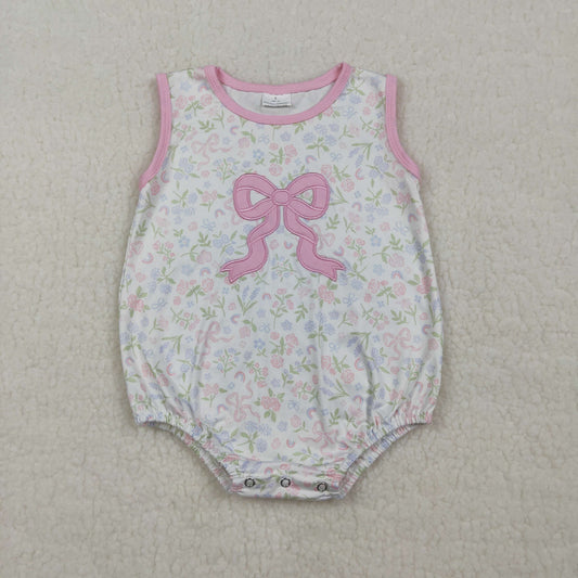 RTS NO MOQ SR3727 Pink Bow Embroidery Baby Girls Rompers Sleeveless Flowers Ruffle
