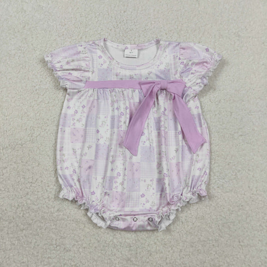 RTS NO MOQ SR3730 Baby Girls Ruffle Rompers Short Sleeve Flowers Checked Bow Top Outfit for Infants