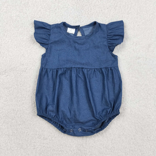 RTS NO MOQ SR3734 Baby Girls Hot Denim Blue Ruffle Rompers with Flutter Sleeves Infant Outfit
