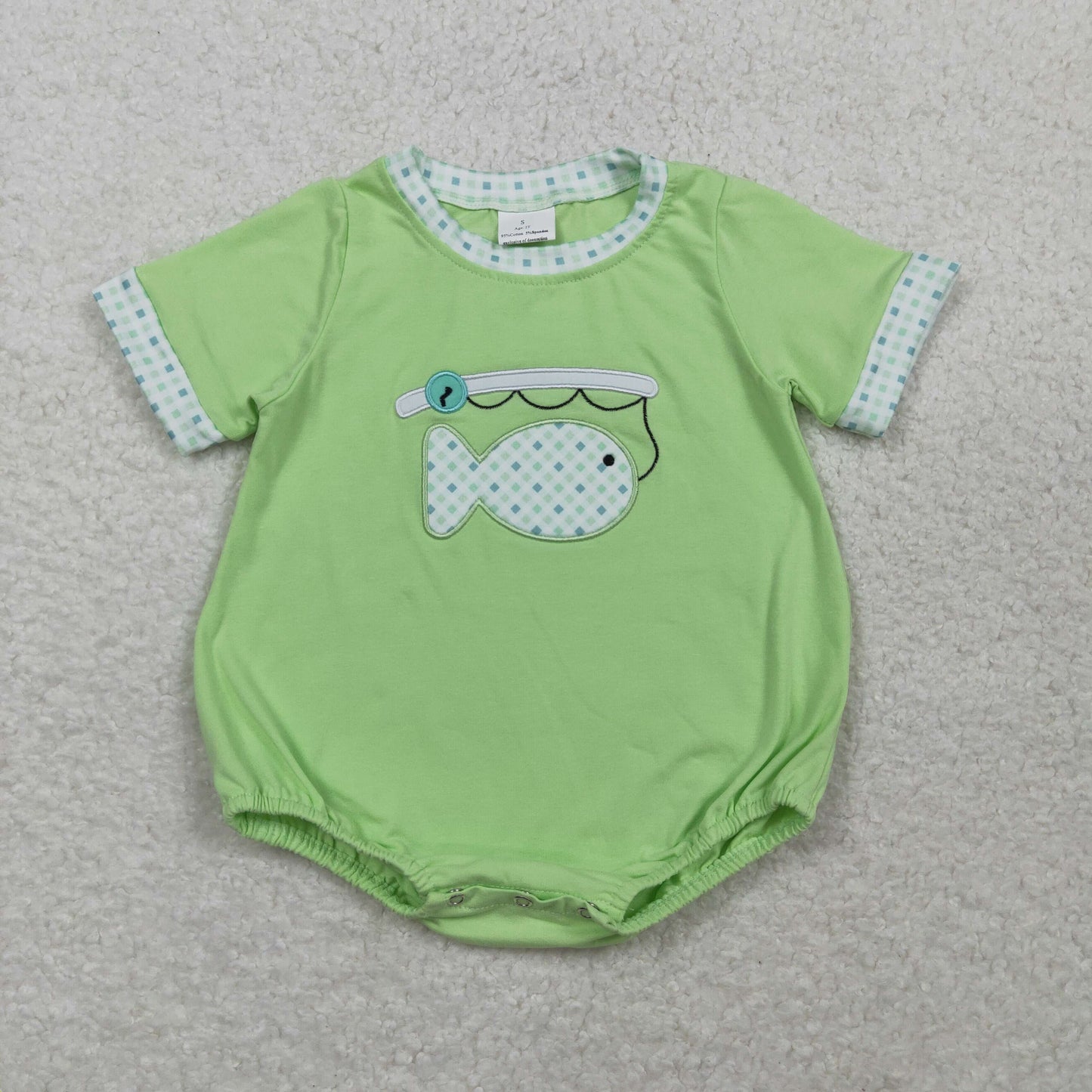 RTS NO MOQ SR3750 Baby Boys Green Short Sleeve Rompers Embroidery Fishes Hunting Outfit for Infants