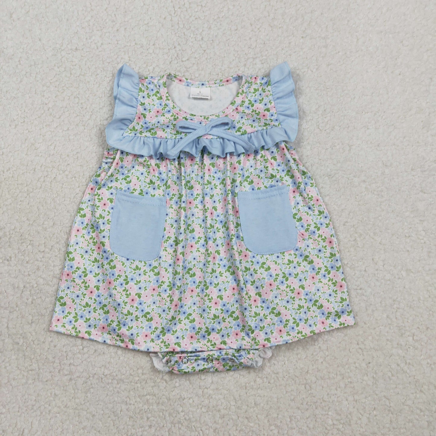 RTS NO MOQ SR3752 Baby Girls Sleeveless Tunic Rompers with Pockets And Ruffle Bummies Floral Print Comfortable Cotton Outfit for Infants
