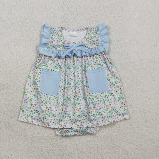 RTS NO MOQ SR3752 Baby Girls Sleeveless Tunic Rompers with Pockets And Ruffle Bummies Floral Print Comfortable Cotton Outfit for Infants